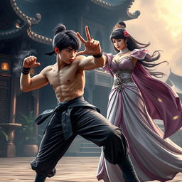 A handsome Asian youth engaged in an intense martial arts fight, showcasing his athletic physique and fierce determination