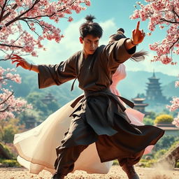 A handsome Asian youth engaged in a dynamic fight scene, showcasing his martial arts skills with intense focus