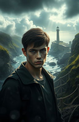 A mysterious coastal town surrounded by lush green cliffs and ocean waves crashing against rocky shores, where time loops and shadowy figures lurk