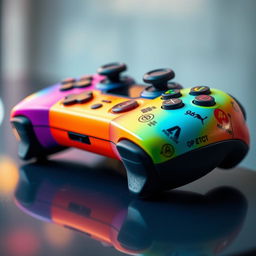 A vibrant and detailed close-up image of a colorful video game controller, showcasing various buttons and textures
