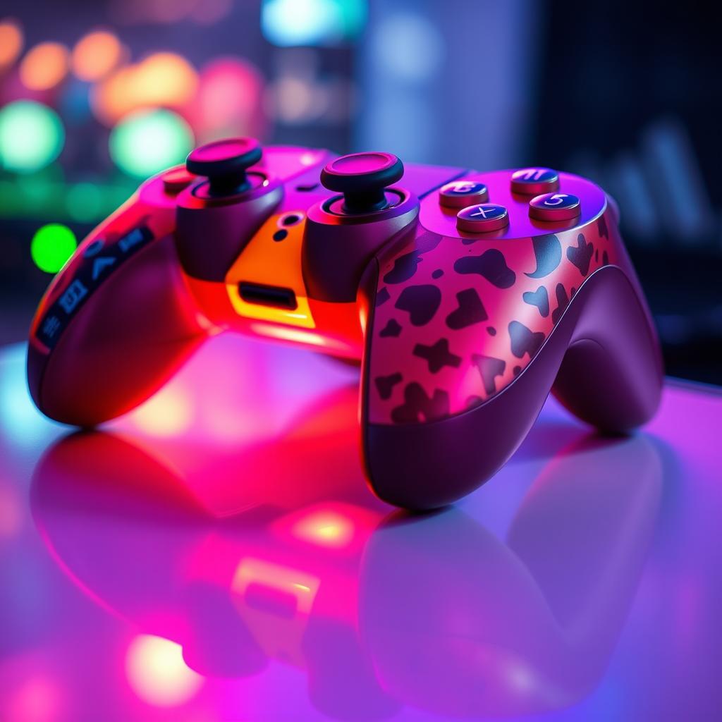 A vibrant and detailed close-up image of a colorful video game controller, showcasing various buttons and textures