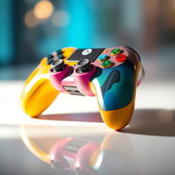 A vibrant and detailed close-up image of a colorful video game controller, showcasing various buttons and textures
