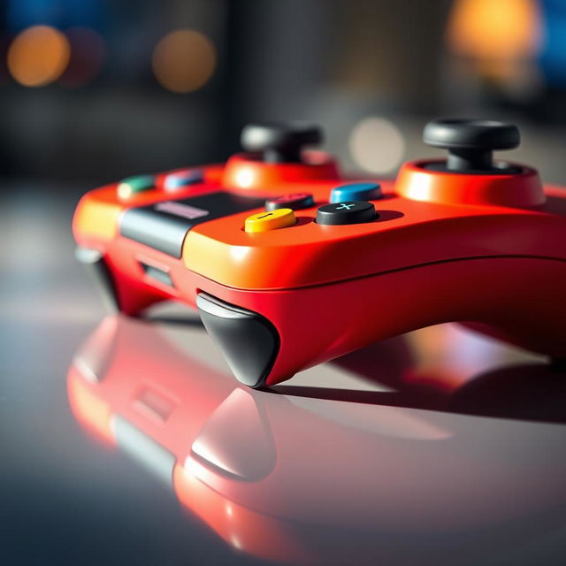 A vibrant and detailed close-up image of a colorful video game controller, showcasing various buttons and textures