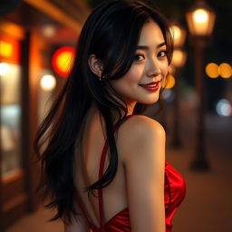 A masterpiece, high-quality image of a 24-year-old woman in a red evening dress with suspenders, standing outdoors at night