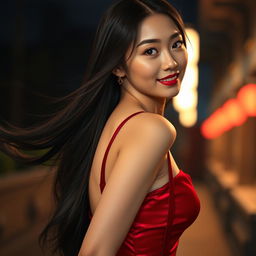 A masterpiece, high-quality image of a 24-year-old woman in a red evening dress with suspenders, standing outdoors at night