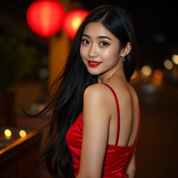 A masterpiece, high-quality image of a 24-year-old woman in a red evening dress with suspenders, standing outdoors at night