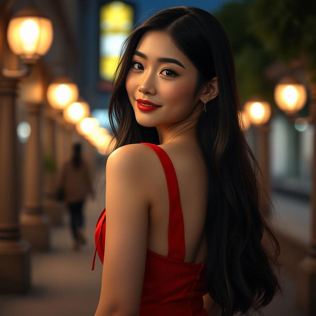 A masterpiece, high-quality image of a 24-year-old woman in a red evening dress with suspenders, standing outdoors at night