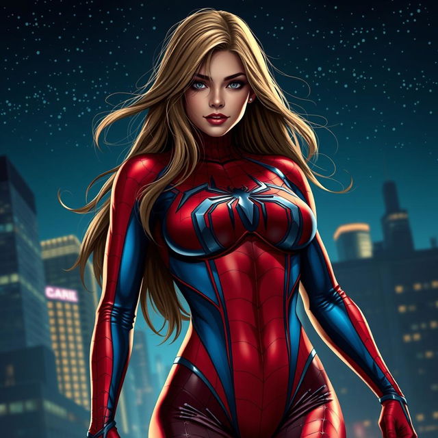 A seductive female superhero inspired by Spider-Man, featuring an alluring yet powerful pose