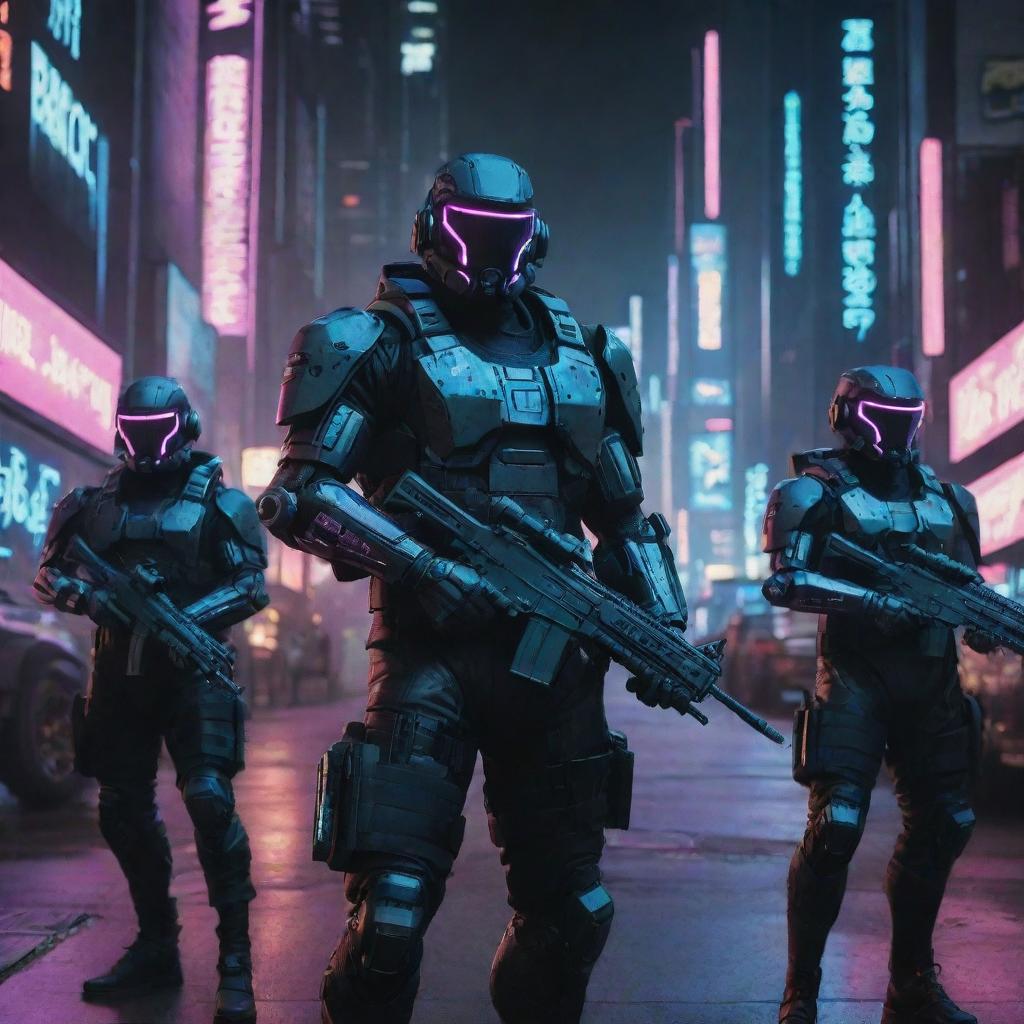 Generate an image portraying a heavily armed cyberpunk military force