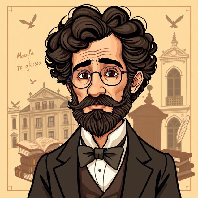 A creative and artistic avatar of the famous Brazilian author Machado de Assis, depicted with a thoughtful expression