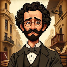 A creative and artistic avatar of the famous Brazilian author Machado de Assis, depicted with a thoughtful expression