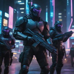 Generate an image portraying a heavily armed cyberpunk military force