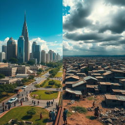 A striking visual contrast depicting a divided landscape: On the left side, a luxurious and opulent world filled with tall skyscrapers, shiny cars, lush green parks, and people dressed in fashionable clothing enjoying a vibrant city life