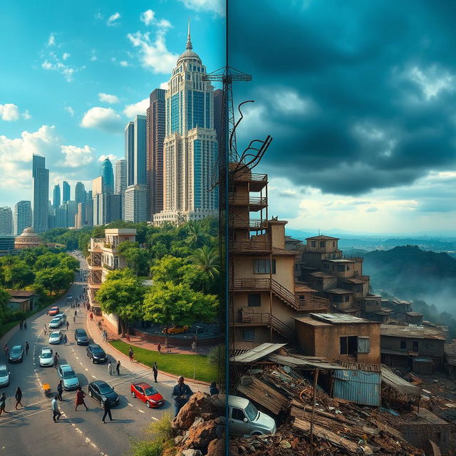 A striking visual contrast depicting a divided landscape: On the left side, a luxurious and opulent world filled with tall skyscrapers, shiny cars, lush green parks, and people dressed in fashionable clothing enjoying a vibrant city life