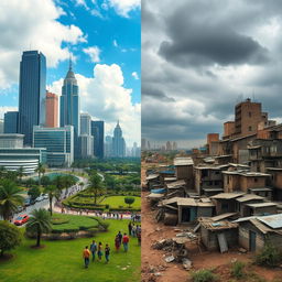 A striking visual contrast depicting a divided landscape: On the left side, a luxurious and opulent world filled with tall skyscrapers, shiny cars, lush green parks, and people dressed in fashionable clothing enjoying a vibrant city life