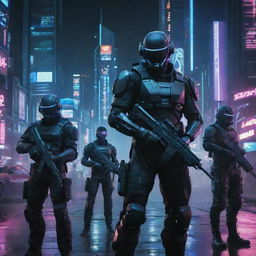 Generate an image portraying a heavily armed cyberpunk military force