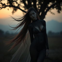 A sexy ghost with long flowing hair and large breasts, wearing a black see-through suit, stands gracefully under a tree at twilight in Thailand