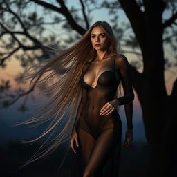 A sexy ghost with long flowing hair and large breasts, wearing a black see-through suit, stands gracefully under a tree at twilight in Thailand