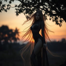 A sexy ghost with long flowing hair and large breasts, wearing a black see-through suit, stands gracefully under a tree at twilight in Thailand