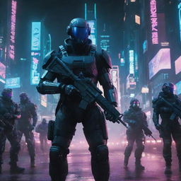 Generate an image portraying a heavily armed cyberpunk military force