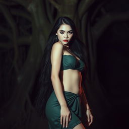 A captivating Thai female ghost with long flowing hair and seductive eyes, wearing a short green nightgown that clings to her curvaceous, pale body resembling a corpse