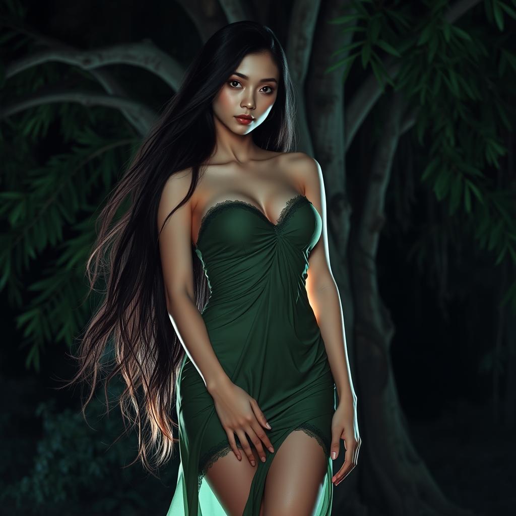 A captivating Thai female ghost with long flowing hair and seductive eyes, wearing a short green nightgown that clings to her curvaceous, pale body resembling a corpse