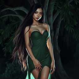 A captivating Thai female ghost with long flowing hair and seductive eyes, wearing a short green nightgown that clings to her curvaceous, pale body resembling a corpse