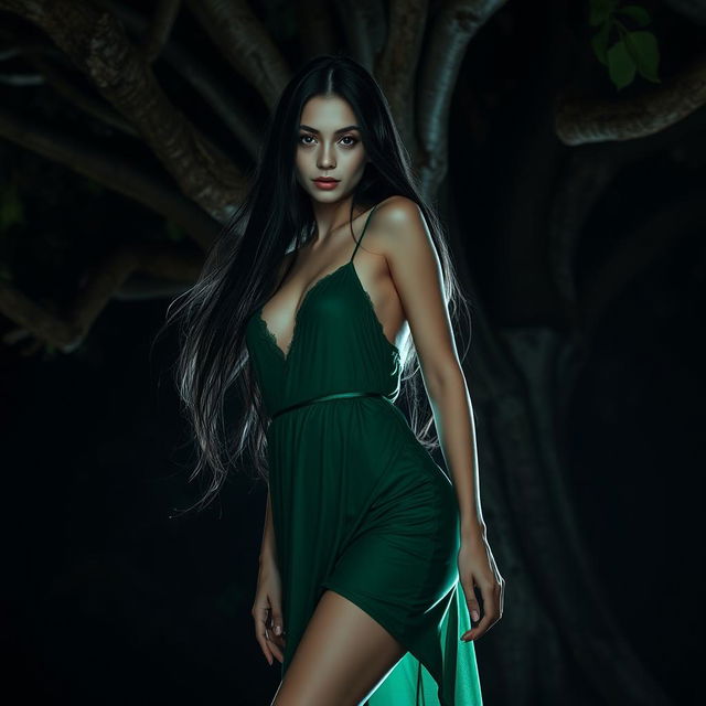 A captivating Thai female ghost with long flowing hair and seductive eyes, wearing a short green nightgown that clings to her curvaceous, pale body resembling a corpse