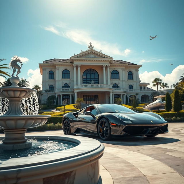 A stunning and opulent scene depicting success and luxury, featuring a luxurious mansion with breathtaking architecture, surrounded by lush gardens