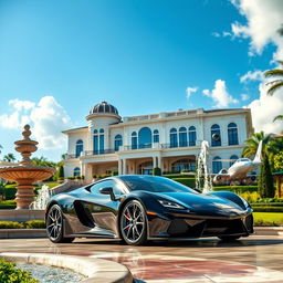 A stunning and opulent scene depicting success and luxury, featuring a luxurious mansion with breathtaking architecture, surrounded by lush gardens