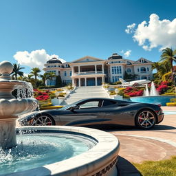 A stunning and opulent scene depicting success and luxury, featuring a luxurious mansion with breathtaking architecture, surrounded by lush gardens