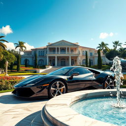 A stunning and opulent scene depicting success and luxury, featuring a luxurious mansion with breathtaking architecture, surrounded by lush gardens