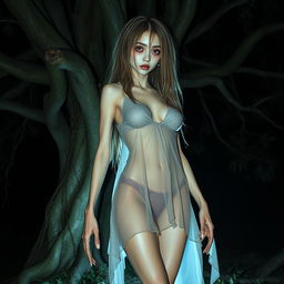 A horrifying Thai ghost resembling a dead corpse, with long disheveled hair and seductive eyes