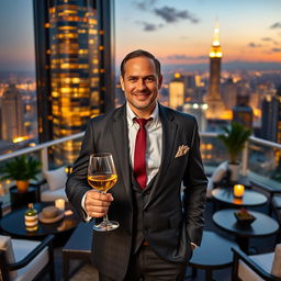 A portrait of a successful man exuding confidence and sophistication, dressed in a tailored designer suit, standing in front of a luxurious high-rise building