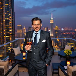 A portrait of a successful man exuding confidence and sophistication, dressed in a tailored designer suit, standing in front of a luxurious high-rise building