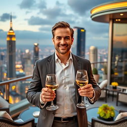 A portrait of a successful man exuding confidence and sophistication, dressed in a tailored designer suit, standing in front of a luxurious high-rise building