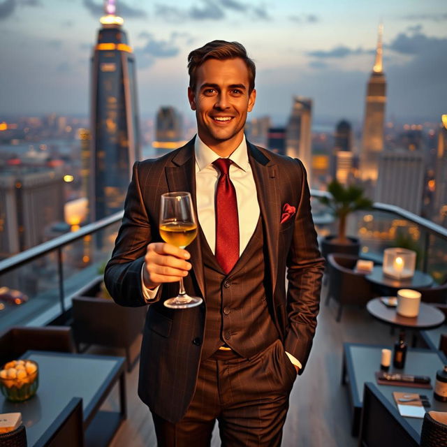 A portrait of a successful man exuding confidence and sophistication, dressed in a tailored designer suit, standing in front of a luxurious high-rise building