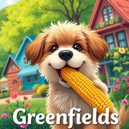 A whimsical digital art poster featuring a playful dog happily eating a cob of corn