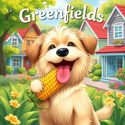 A whimsical digital art poster featuring a playful dog happily eating a cob of corn