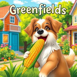 A whimsical digital art poster featuring a playful dog happily eating a cob of corn