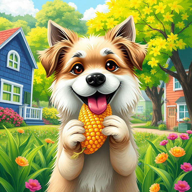 A whimsical digital art poster featuring a playful dog happily eating a cob of corn