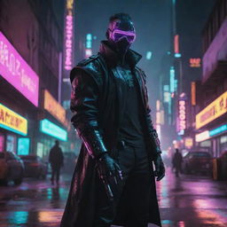 Generate a dramatic image of a cyberpunk villain