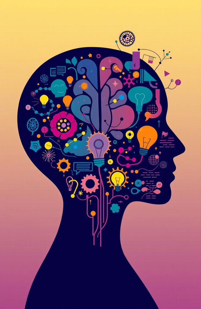 A visually striking representation of psychology, featuring a human silhouette filled with colorful brain patterns and abstract designs representing thoughts and emotions