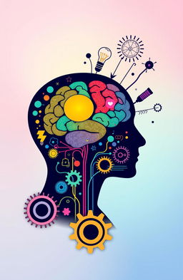 A visually striking representation of psychology, featuring a human silhouette filled with colorful brain patterns and abstract designs representing thoughts and emotions