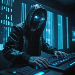 Create a high-quality image of a cyberpunk hacker donned in a unique luminous mask