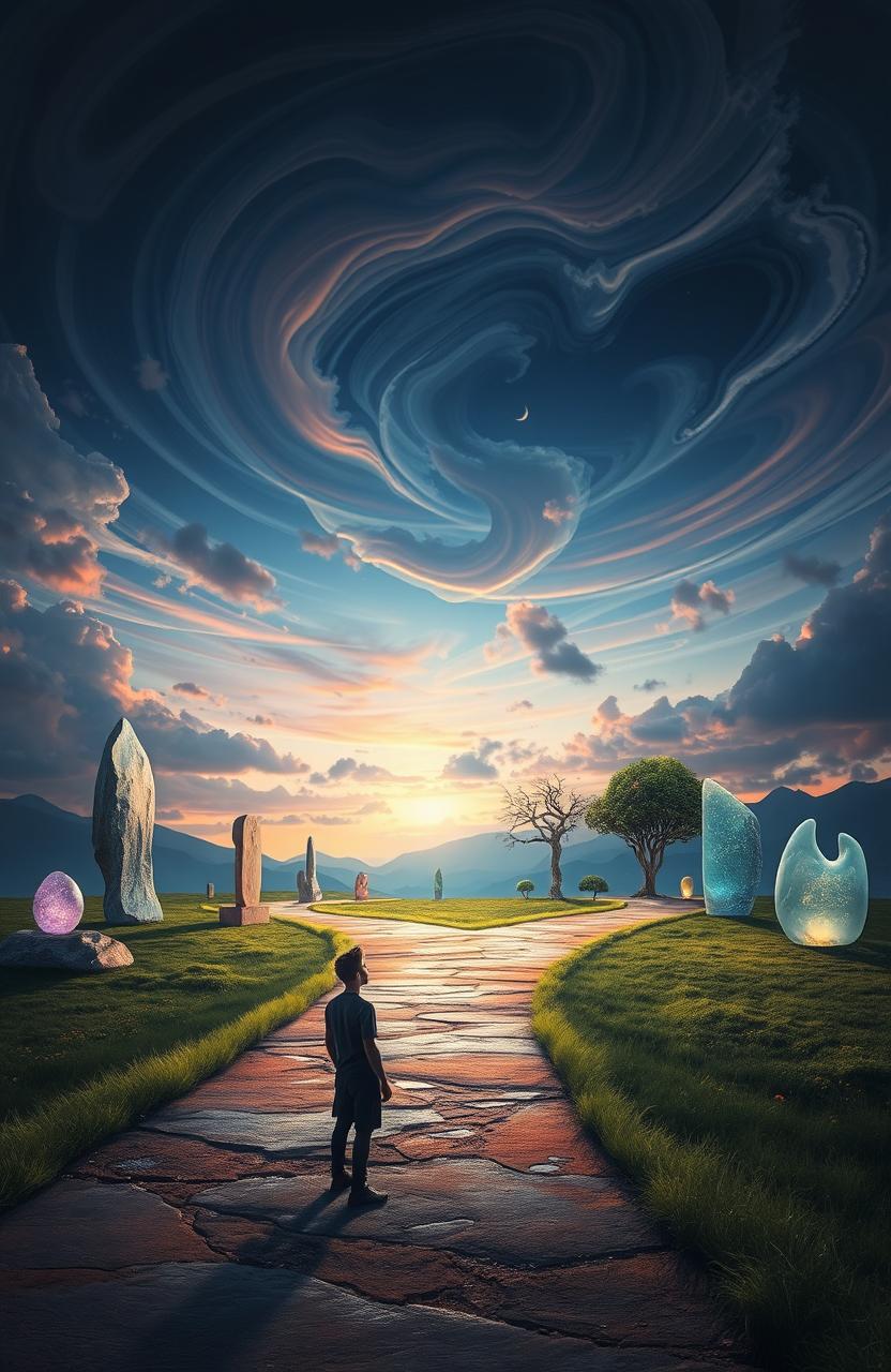 A surreal landscape representing the concept of 'undecided destiny', featuring a path that splits into multiple directions under an expansive, twilight sky filled with swirling clouds and ethereal lights