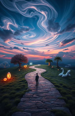 A surreal landscape representing the concept of 'undecided destiny', featuring a path that splits into multiple directions under an expansive, twilight sky filled with swirling clouds and ethereal lights