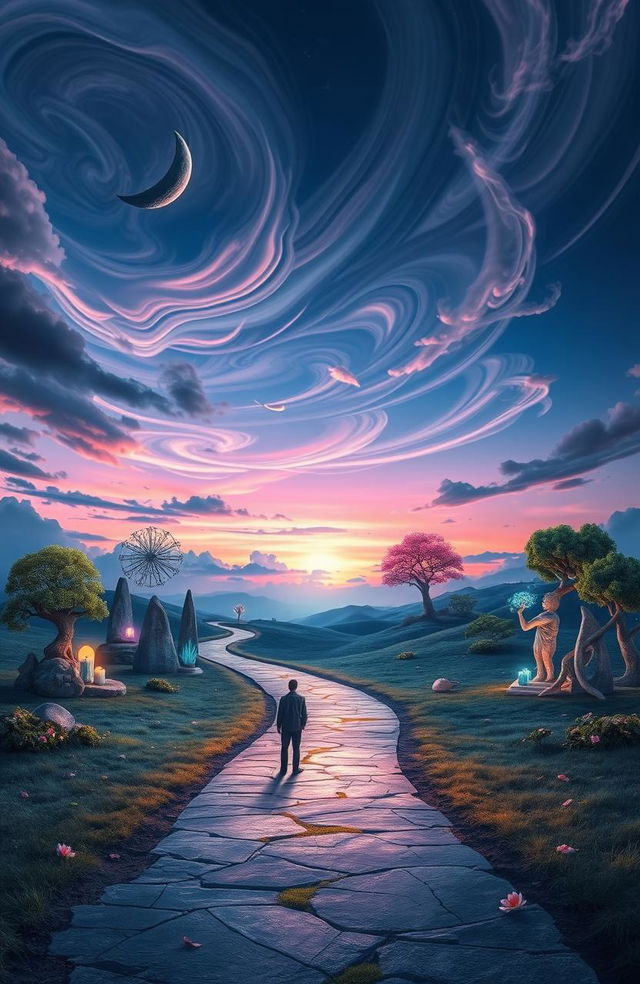 A surreal landscape representing the concept of 'undecided destiny', featuring a path that splits into multiple directions under an expansive, twilight sky filled with swirling clouds and ethereal lights