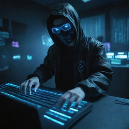 Create a high-quality image of a cyberpunk hacker donned in a unique luminous mask