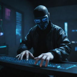 Create a high-quality image of a cyberpunk hacker donned in a unique luminous mask